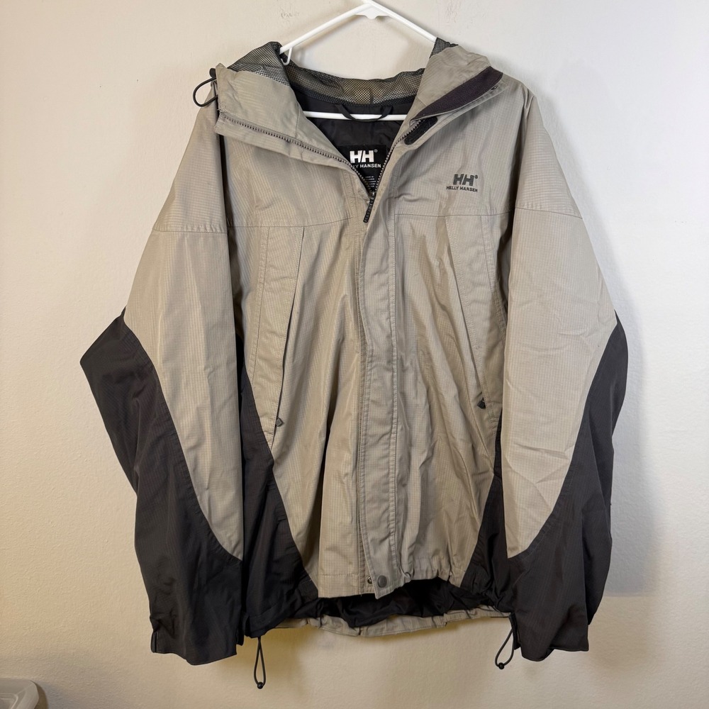 Helly Hansen Mens‎ Hooded Rain Jacket Tan Charcoal Ripstop Windbreaker Large